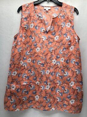 J jill Love Linen Sleeveless Tunic Coral and Blue Floral Women's M Pockets